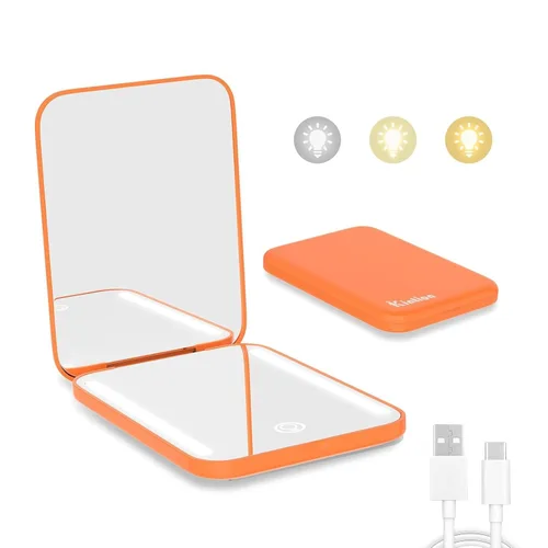 Vista 8 de Kintion Espejo de bolsillo recargable, espejo de tocador compacto de doble cara con aumento 1X/3X, 3 luces de color, regulable, pequeño espejo