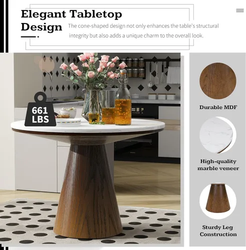 Vista 7 de Mesa de comedor redonda retro minimalista elegante para sala de estar, comedor (blanco + marrón)