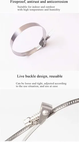 Vista 2 de Bridas reutilizables de acero inoxidable de 0.5 x 64 pulgadas, hebilla viva de acero inoxidable 304, correas de cable de bloqueo multifuncionales