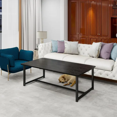 Vista 8 de Mesa de Café Negra Rectangular Mesa Central para Sala de Estar Mesa Lateral de Espacio Abierto con Marco de Metal, Fácil Montaje, Mesa de Café