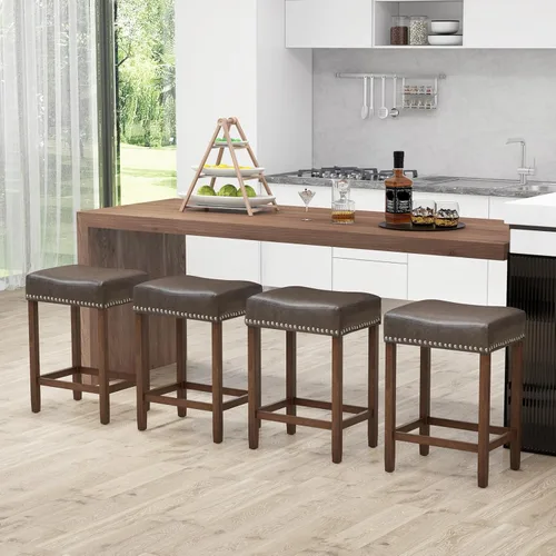 Vista 35 de Giantex Juego de 2 taburetes de bar de 24 pulgadas en forma de silla de montar, taburetes de cuero sintético con reposapiés, taburetes de bar