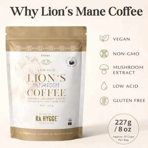 Vista 3 de Rå Hygge Organic Ground Lion’s Mane Mushroom Coffee - Medium Roast, 8 oz (16 Cups) - Focus & Cognitive Boost Coffee, Low-Acid & Jitter-Free