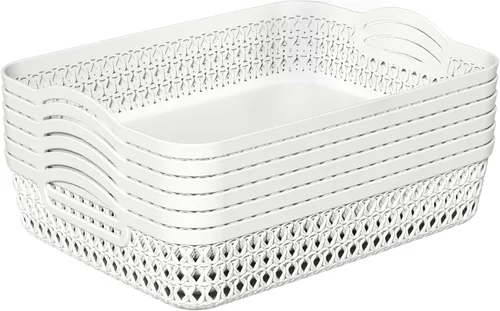 Vista 7 de Sandmovie Pequeñas cestas de almacenamiento de tejido de plástico, cestas de escritorio, color blanco, 12 paquetes