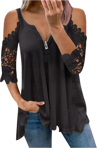 Camiseta de verano para mujer de manga corta sin tirantes casual ajuste holgado con encaje con cremallera en V 000 000