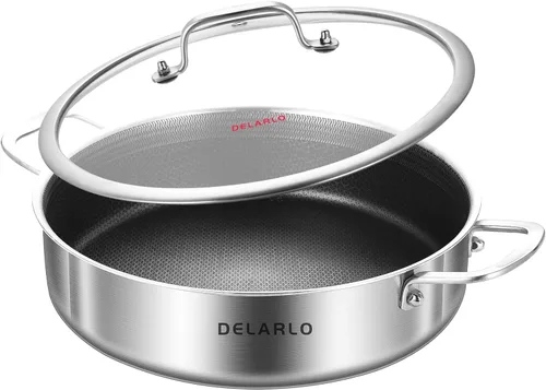 Vista 15 de DELARLO Sartén de tres capas de acero inoxidable de 10 pulgadas Sartén de freír profunda de 3QT con tapa Sartén de saltear con tapa Compatible