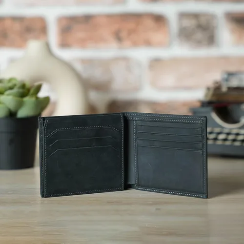 Vista 4 de Customizable Genuine Leather Bifold Wallet, Minimalist Custom Mens Card Holder Wallet (Black)