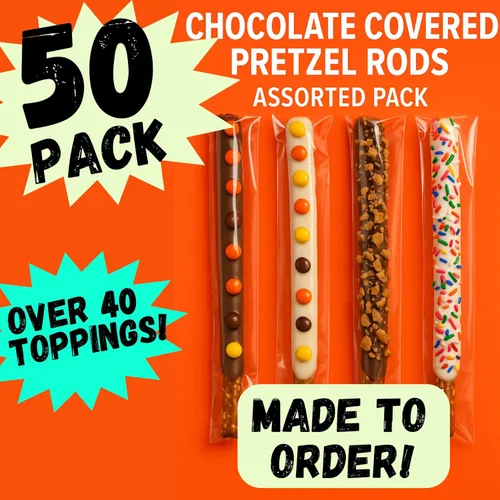 Vista 4 de Varillas de pretzel cubiertas de chocolate, palitos de pretzel gourmet con chispas de arcoíris y coberturas surtidas, paquete de 50 pretzels