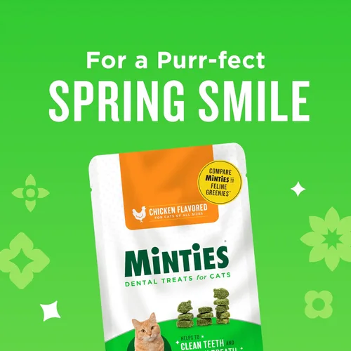 Vista 2 de Golosinas dentales Minties para gatos, golosinas con sabor a pollo para gatos, refresca el aliento y controla el sarro, 30 onzas