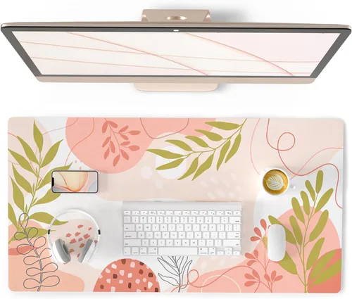 Vista 54 de QIYI - Alfombrilla grande para mouse, linda alfombrilla de escritorio rosa para computadora, alfombrilla de escritorio de piel sintética impermeable