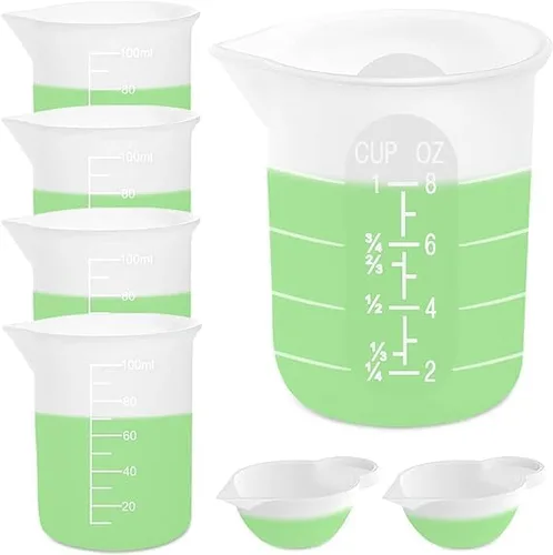 Kit de 7 tazas medidoras de silicona, 1 vaso de silicona de 8.5 fl oz, 4 tazas antiadherentes de 3.4 fl oz, 2 dispensadores de moldes de silicona de