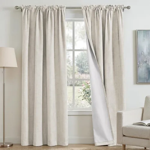 Vista 11 de PrinceDeco Cortinas de lino natural de 45 pulgadas para ventana pequeña, bolsillo para barra, cortinas opacas completas con forro blanco, paneles