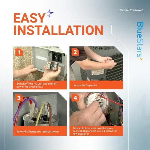 Vista 8 de [Certificado UL] BlueStars 70/7.5 uF 70+7.5 MFD 370 o 440 voltios VCA Condensador redondo de doble funcionamiento, compatible con aire acondicionado