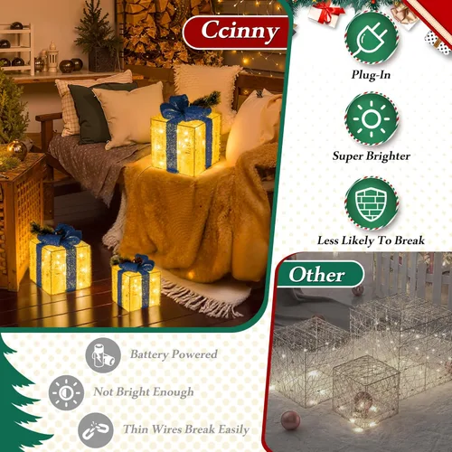 Vista 3 de Adornos de Navidad, juego de 3 cajas de regalo iluminadas, cajas de regalo con 60 luces LED preiluminadas, adornos navideños de color blanco cálido