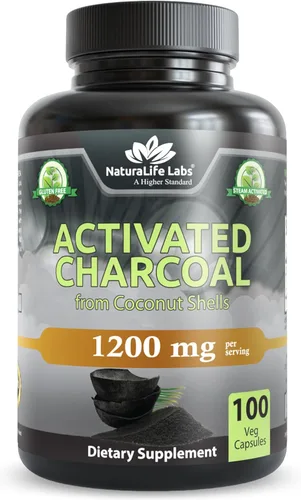 NaturaLife Labs Carbón Activado 1200 mg por Porción – de Cáscaras de Coco – 100 Cápsulas Vegetales – Sin OGM, Sin Gluten, Vegano