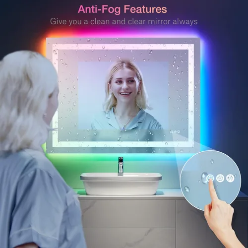 Vista 170 de LOAAO Espejo de baño LED de 28 x 36 pulgadas con luces, antiniebla, regulable, retroiluminado + iluminado frontal, espejo de tocador de baño
