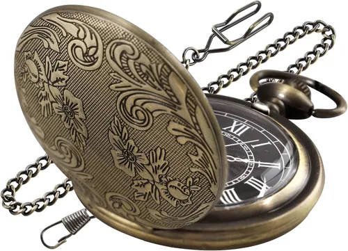 Both Sides - Reloj de bolsillo de cuarzo tallado en bronce con movimiento de cuarzo, reloj de bolsillo de cuarzo con clip de cadena para hombre,