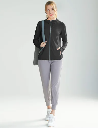Vista 5 de Libin sudadera con capucha para mujer, con cremallera completa, UPF 50+, capucha con protección solar, de manga larga, para senderismo