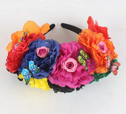 Vista 6 de Frida Kahlo NC26 - Diadema con corona de rosas mexicanas para disfraz de fiesta de Halloween