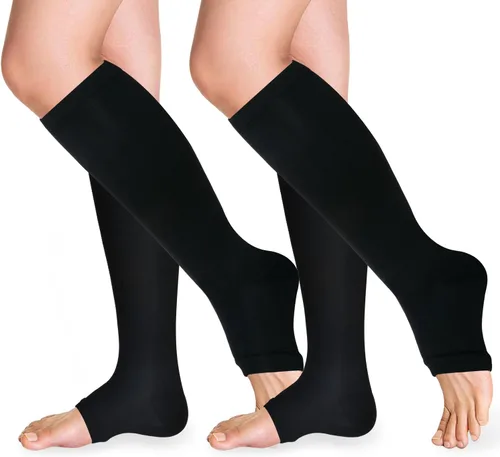 Calcetines de compresión con punta abierta 15-20 mmHg para mujeres y hombres, hasta la rodilla, sin dedos, medias de compresión para circulación