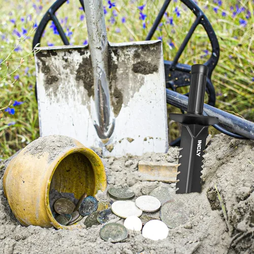 Vista 7 de INCLY Pala detector de metales, excavadora de doble borde dentado resistente, herramienta de detección de excavación con funda para montaje