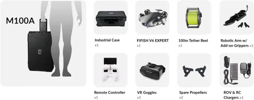 Vista 2 de FIFISH V6 Expert V6E M100A Drone submarino ROV con brazo robótico y estuche industrial