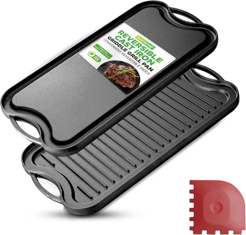Vista 7 de NutriChef Plancha reversible de hierro fundido de 18 x 10 pulgadas, parte superior plana pre-sazonada y lado de la parrilla acanalada, parrilla