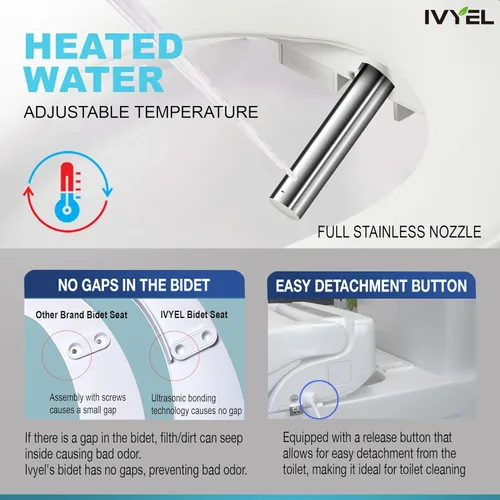 Vista 4 de J-2 Bidé eléctrico inteligente para asiento de inodoro, se adapta a inodoros redondos, agua tibia, asiento de inodoro con bidé calentado, secadora