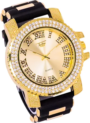 Vista 2 de Techno Pave Reloj de gran tamaño para hombre de 2.047 in con correa de silicona y collar de cruz helada, cadena de cuerda chapada en oro o plata