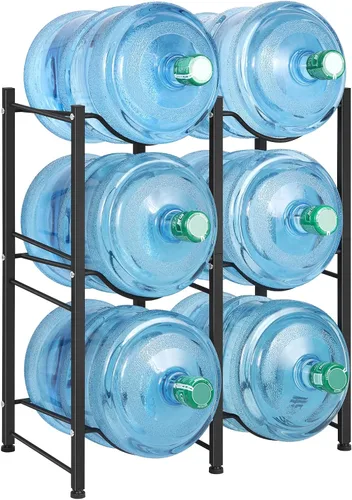 LIANTRAL Soporte para botellas de agua de 5 galones, 3 niveles, color negro, de doble fila, resistente, para jarra, estante de agua con 6 ranuras