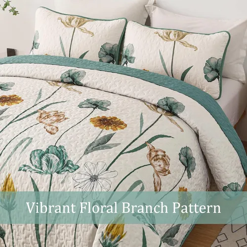Vista 8 de WONGS BEDDING - Juego de edredón floral tamaño Queen, edredón botánico verde y amarillo con 2 fundas de almohada, juego de ropa de cama ligera