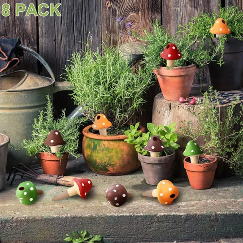 Vista 7 de 8 piezas de picos de riego automático para plantas, globos de riego de hongos, insertos de jardinera, dispositivos de riego de plantas de terracota