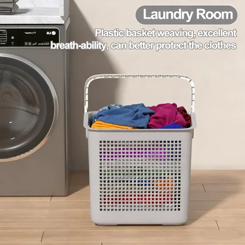 Vista 3 de Cesta de plástico para la ropa sucia de 40 L, fácil de transportar, paquete de 4 cestas de almacenamiento de ropa sucia con asas, color gris