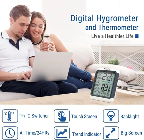 Vista 2 de ThermoPro TP55 - Higrómetro digital de interior, termómetro de 4 pulgadas con pantalla táctil y retroiluminación, termómetro de habitación / medidor