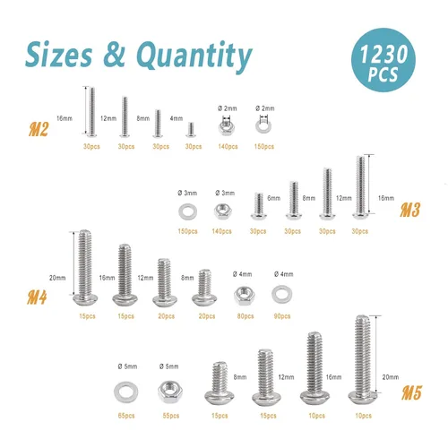 Vista 3 de Kadrick 1230 piezas de tornillos de acero inoxidable 304, surtido métrico M2 M3 M4 M5, kit de pernos de cabeza hexagonal de botón de 4mm-20mm