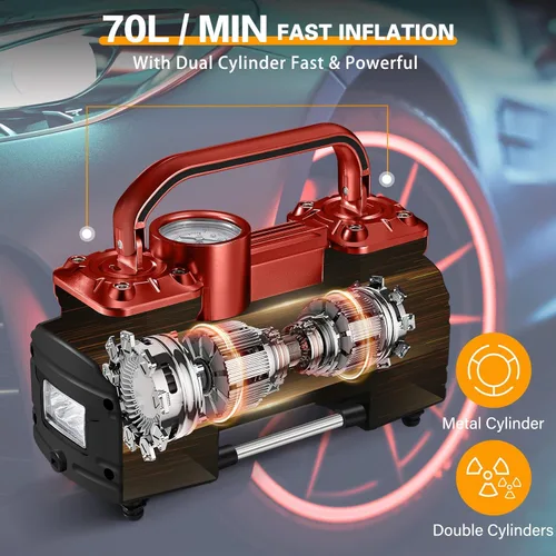 Vista 4 de GSPSCN Compresor de aire de doble cilindro CC de 12 V para automóvil, inflador de neumáticos portátil resistente, bomba de neumáticos de 150 PSI
