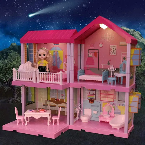 Vista 6 de Kit de casa de muñecas, accesorios y muebles de casa de muñecas, juego de construcción de bricolaje con muñeca y luces, casa de princesa de ensueño