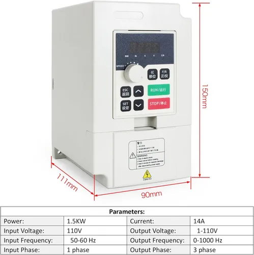 Vista 4 de RATTMMOTOR 1.5KW VFD 110V Inversor monofásico a trifásico Variable Frecuencia Drive Husillo Controlador de Motor Convertidor 0-1000Hz + Cable