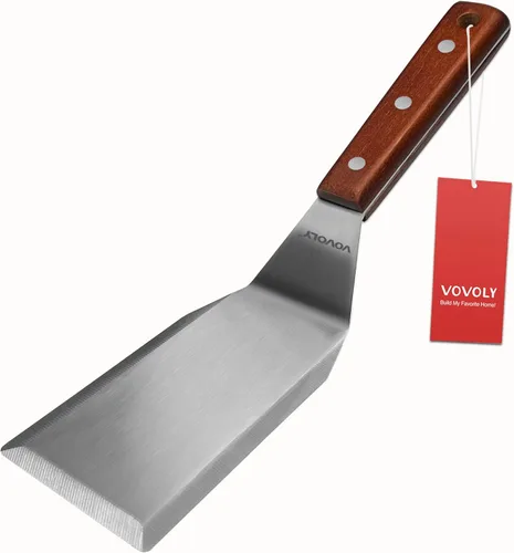 Vista 9 de Espátula de metal profesional para sartenes de hierro fundido y parrillas de parte superior plana, mango de silicona de espiga completa, hoja