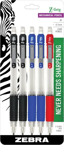 Zebra Lápiz mecánico Pen Z-Grip, tamaño de punta de 0.028 in, grafito HB #2, colores de agarre surtidos, 5 unidades