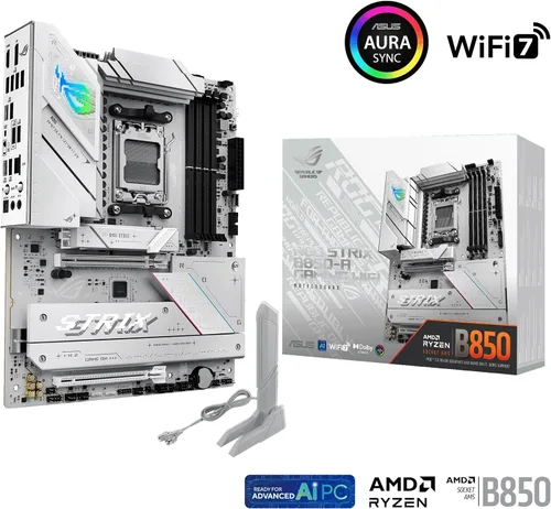 Vista 7 de ASUS ROG Strix B850-A Gaming WiFi AMD AM5 B850 ATX Placa base 14+2+2 etapas de potencia, DDR5 AEMP, LAN 2.5G, WiFi 7 con antena Q, 4X M.2, PCIe®