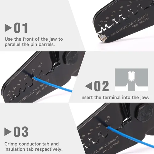 Vista 3 de Herramientas de crimpado iCrimp Mini Micro de barril abierto funcionan en AWG28-20 JAM, Molex, Tyco, terminales y conectores JST utilizados