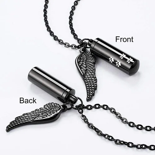 Vista 2 de abooxiu Collar de cremación de cilindro personalizado para cenizas de mascotas, collar de urna con ala de ángel, collar de cenizas de pata