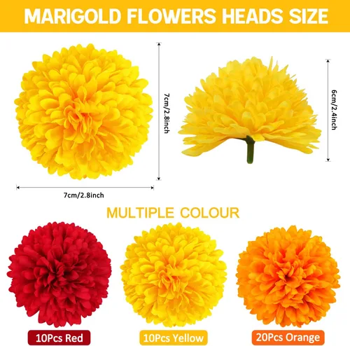 Vista 4 de 40 cabezas de flores de caléndula de 2.75 pulgadas a granel, flores artificiales de caléndula de seda para Diwali, decoración del hogar, guirnalda