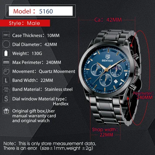 Vista 8 de BENYAR - Reloj de pulsera para hombre, resistente al agua, analógico, cronógrafo, de cuarzo, elegante, informal, con correa de acero inoxidable