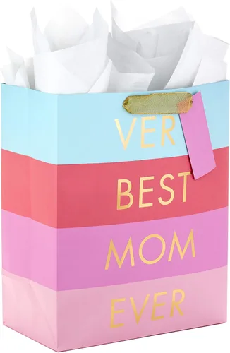 Hallmark Bolsa de regalo grande de 13 pulgadas para el Día de la Madre con papel de seda ("Very Best Mom Ever" - Rayas azules, lavanda y rosadas