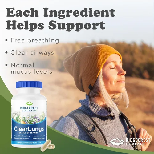 Vista 2 de RidgeCrest Herbals ClearLungs Extra Strength, suplemento de salud diaria, fórmula natural de bienestar pulmonar y nasal para apoyo bronquial
