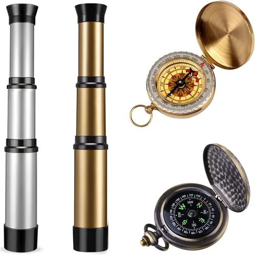 Kit de telescopio pirata y brújula para niños, paquete de 4 piezas de plástico plegable de mano, telescopio retro de vidrio espía y equipo de