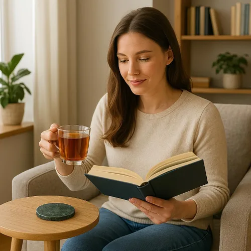 Vista 3 de Creative Home Natural Champagne Marble Set of 4 Piece Round Coasters, 4" Diameter