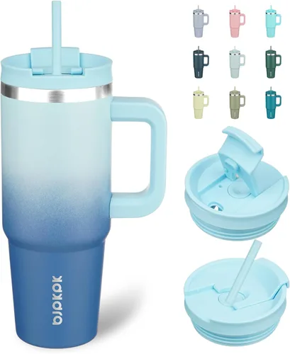 Vista 31 de BJPKPK - Vaso de 40 onzas con asa, vasos aislados con tapa y pajilla, de acero inoxidable, vaso térmico, color limón