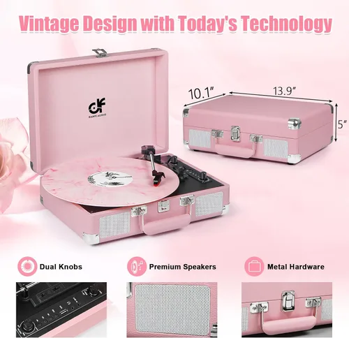 Vista 7 de Tocadiscos de maleta rosa vintage - Tocadiscos de 3 velocidades con Bluetooth, grabación USB, convertidor de MP3, altavoces, aguja
